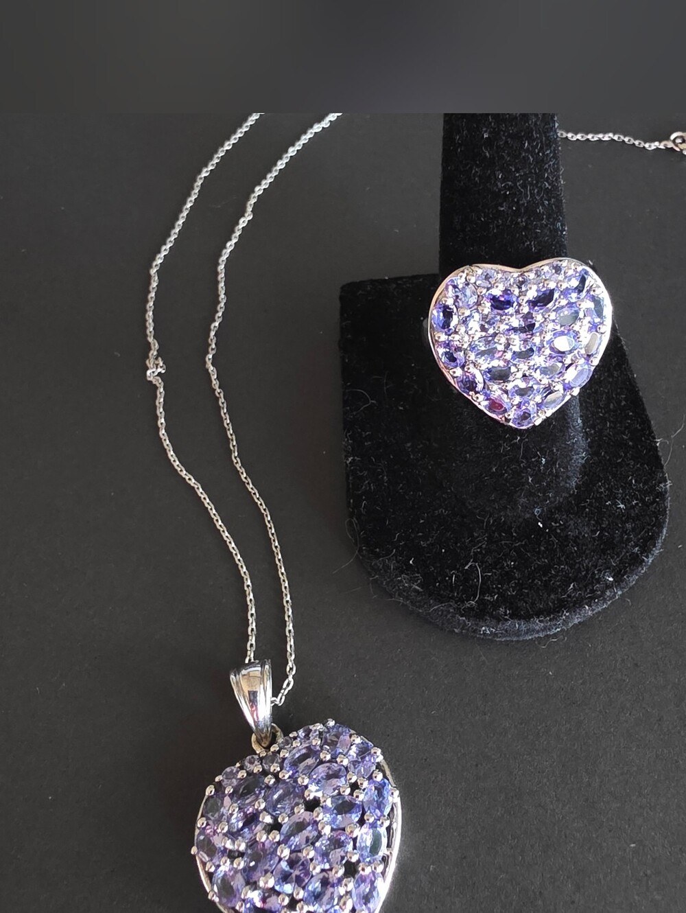 Genuine Tanzanite Heart Pendant Necklace & Ring Set - 925 Sterling Silver